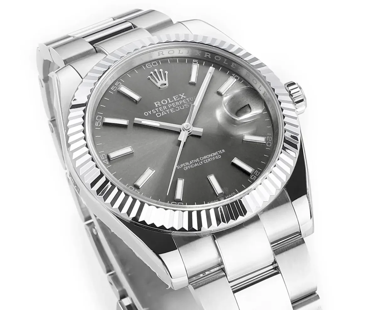 Rolex Datejust 41mm Watch - Silver Fluted Bezel, Grey Dial, Stainless Steel Bracelet, Super Clone VSF Rolex