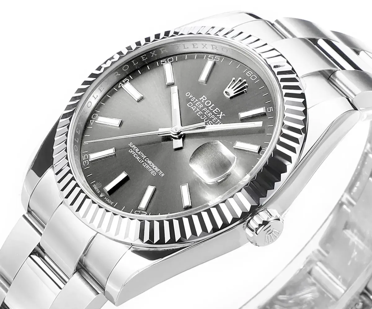 Rolex Datejust 41mm Watch - Silver Fluted Bezel, Grey Dial, Stainless Steel Bracelet, Super Clone VSF Rolex