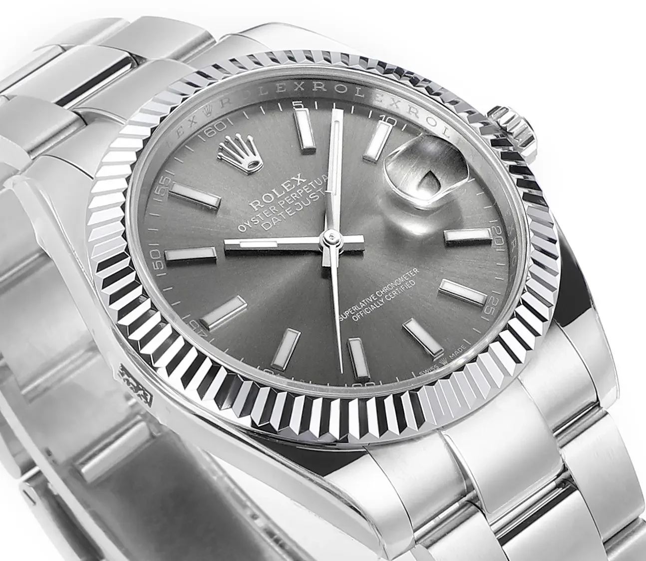 Rolex Datejust 41mm Watch - Silver Fluted Bezel, Grey Dial, Stainless Steel Bracelet, Super Clone VSF Rolex