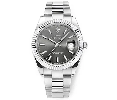 Rolex Datejust 41mm Watch - Silver Fluted Bezel, Grey Dial, Stainless Steel Bracelet, Super Clone VSF Rolex