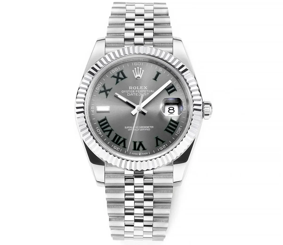 VS Factory Rolex Datejust 41mm Watch - Silver with Grey Dial, Fluted Bezel, Super Clone VSF Watch