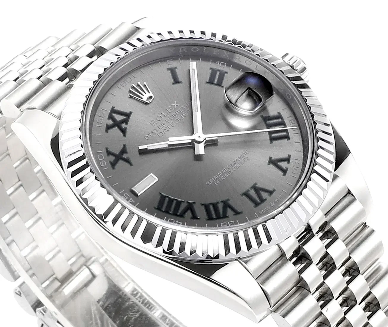 VS Factory Rolex Datejust 41mm Watch - Silver with Grey Dial, Fluted Bezel, Super Clone VSF Watch