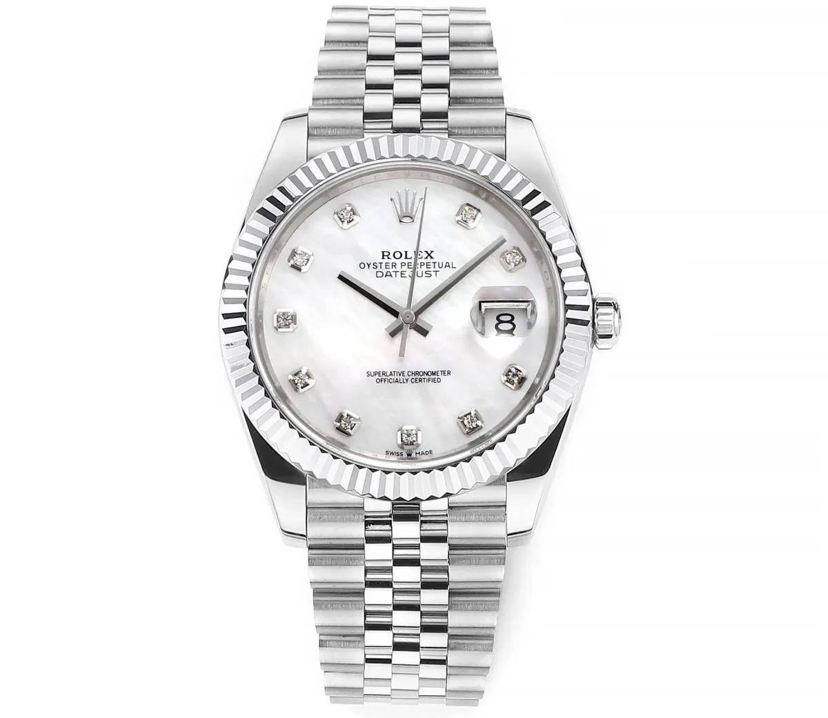 Rolex Datejust 41mm Silver Stainless Steel Watch with Diamond Dial, Fluted Bezel, and VSF Super Clone Quality