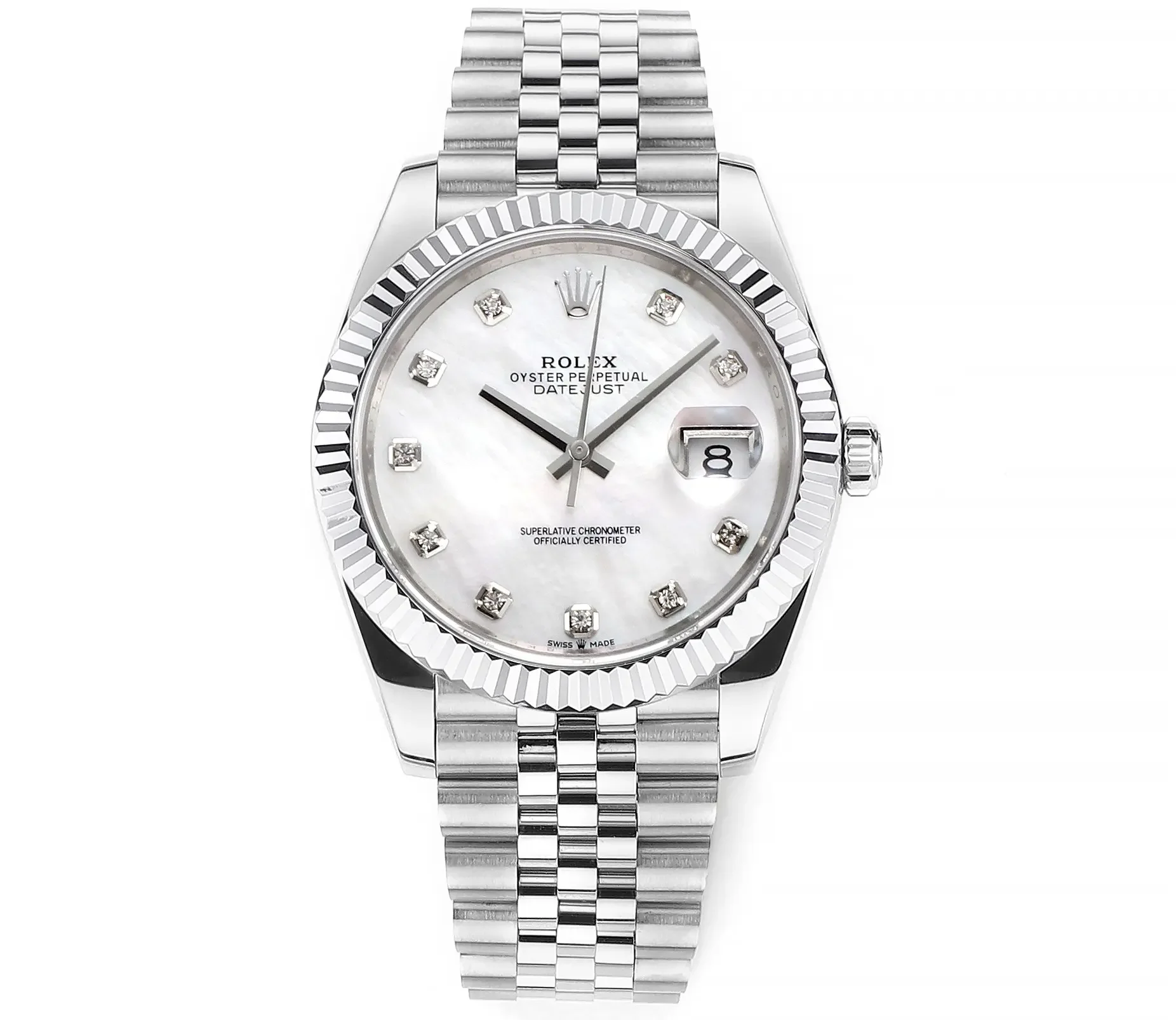 Rolex Datejust 41mm Silver Stainless Steel Watch with Diamond Dial, Fluted Bezel, and VSF Super Clone Quality