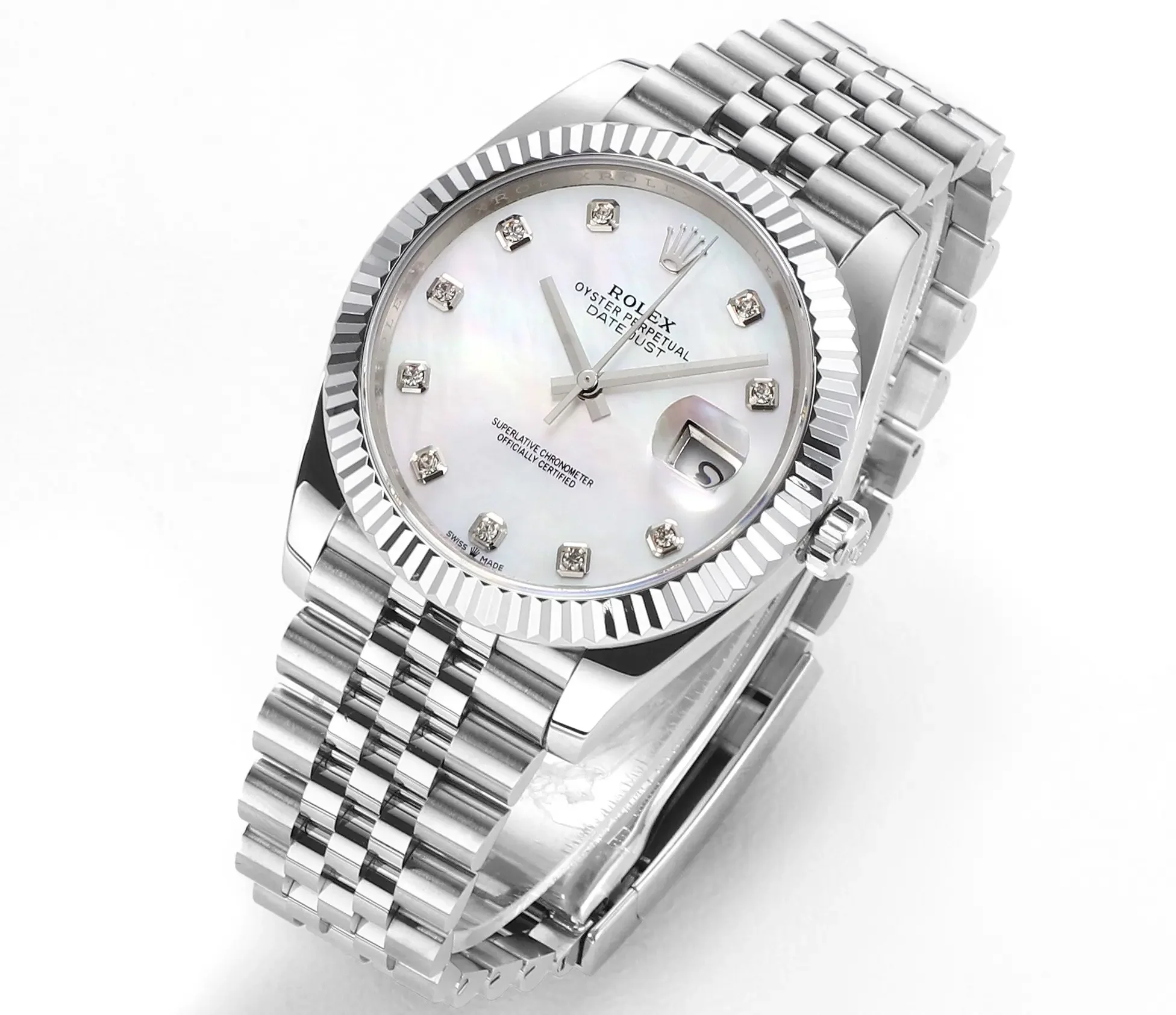 Rolex Datejust 41mm Silver Stainless Steel Watch with Diamond Dial, Fluted Bezel, and VSF Super Clone Quality