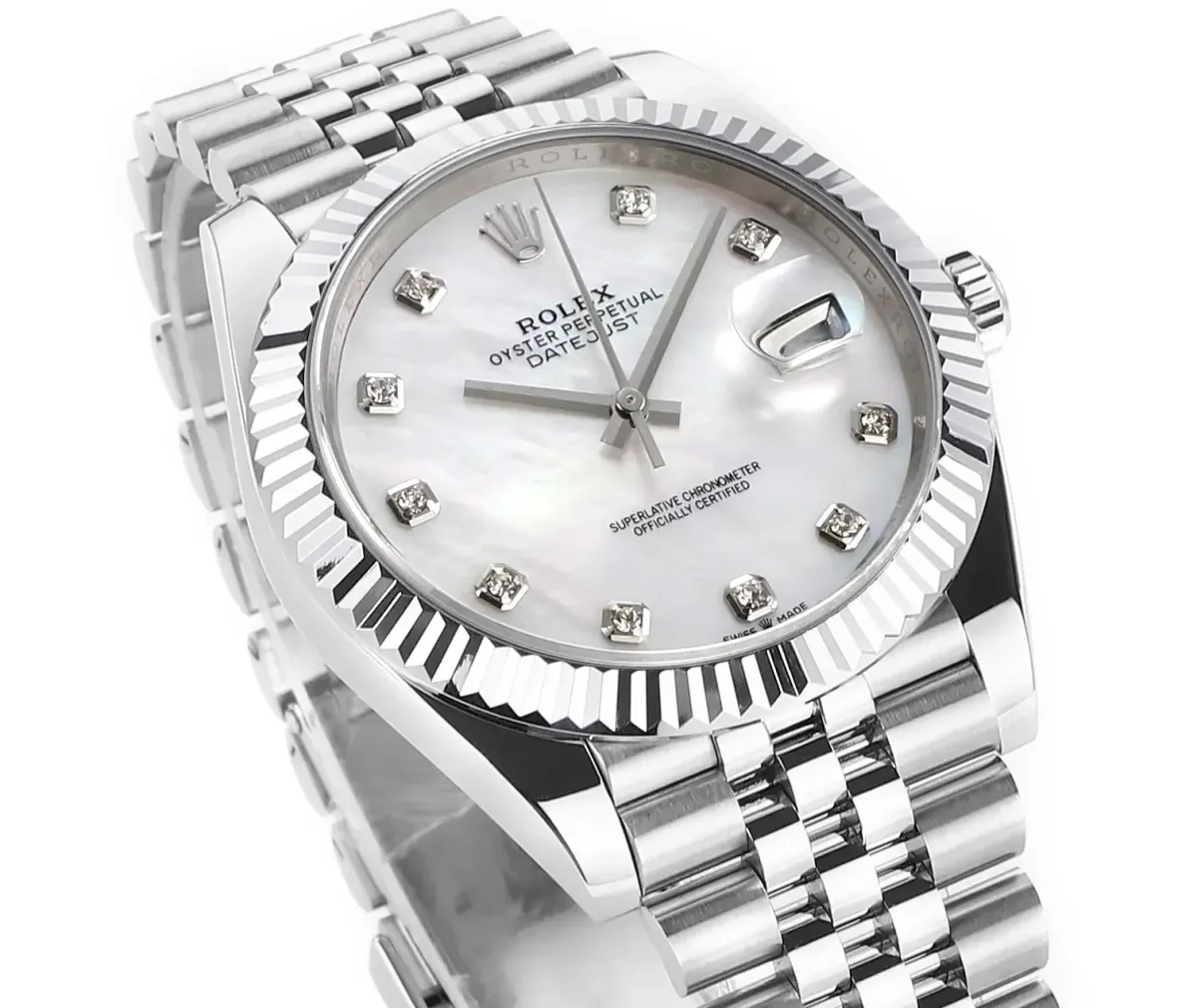 Rolex Datejust 41mm Silver Stainless Steel Watch with Diamond Dial, Fluted Bezel, and VSF Super Clone Quality