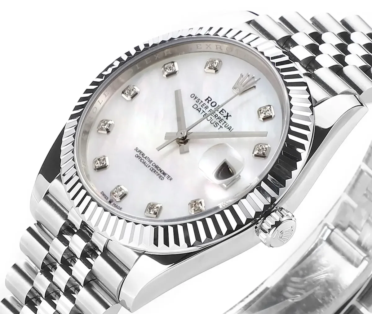 Rolex Datejust 41mm Silver Stainless Steel Watch with Diamond Dial, Fluted Bezel, and VSF Super Clone Quality