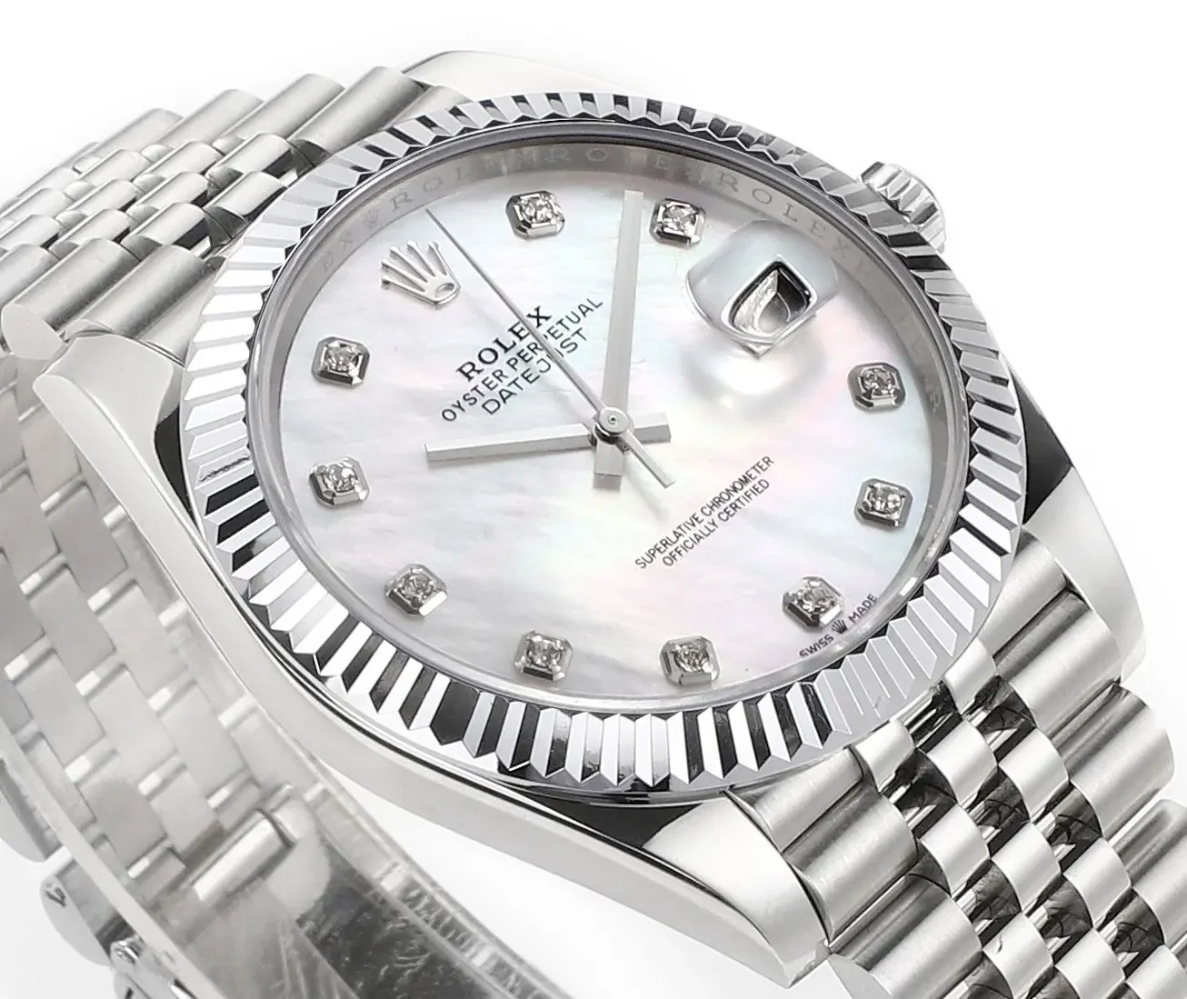 Rolex Datejust 41mm Silver Stainless Steel Watch with Diamond Dial, Fluted Bezel, and VSF Super Clone Quality
