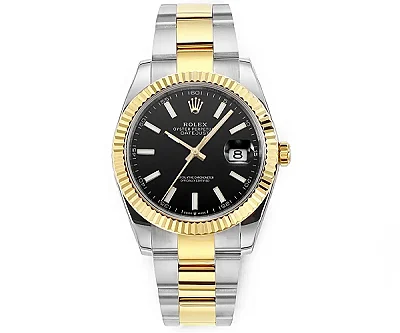 VS Factory Rolex Datejust 41mm Watch - Two-Tone Gold/Steel, Black Dial, Fluted Bezel, Super Clone VSF Watch