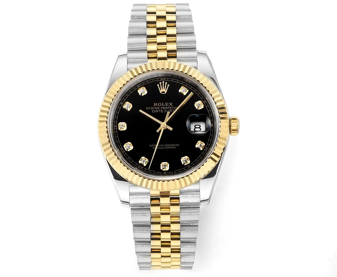 Rolex Datejust 41mm Watch - Two-Tone Steel and Gold with Black Diamond Dial - Super Clone