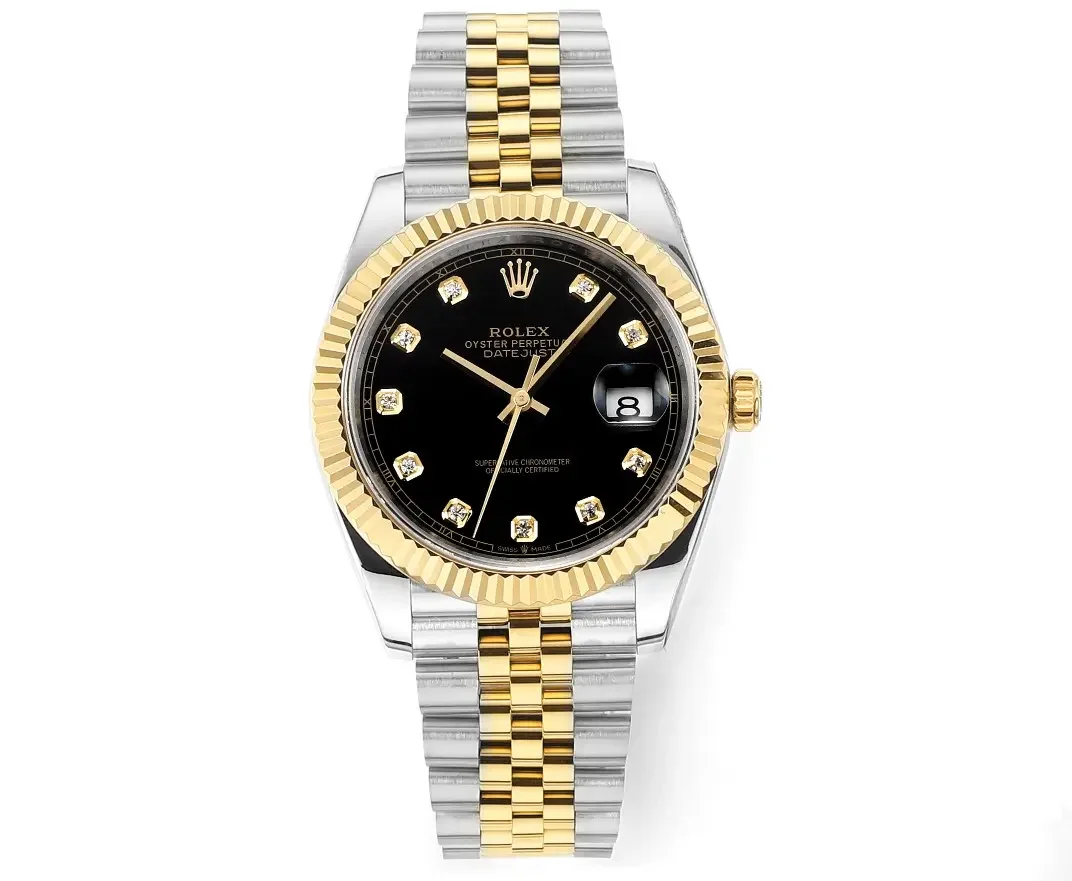 Rolex Datejust 41mm Watch - Two-Tone Steel and Gold with Black Diamond Dial - Super Clone
