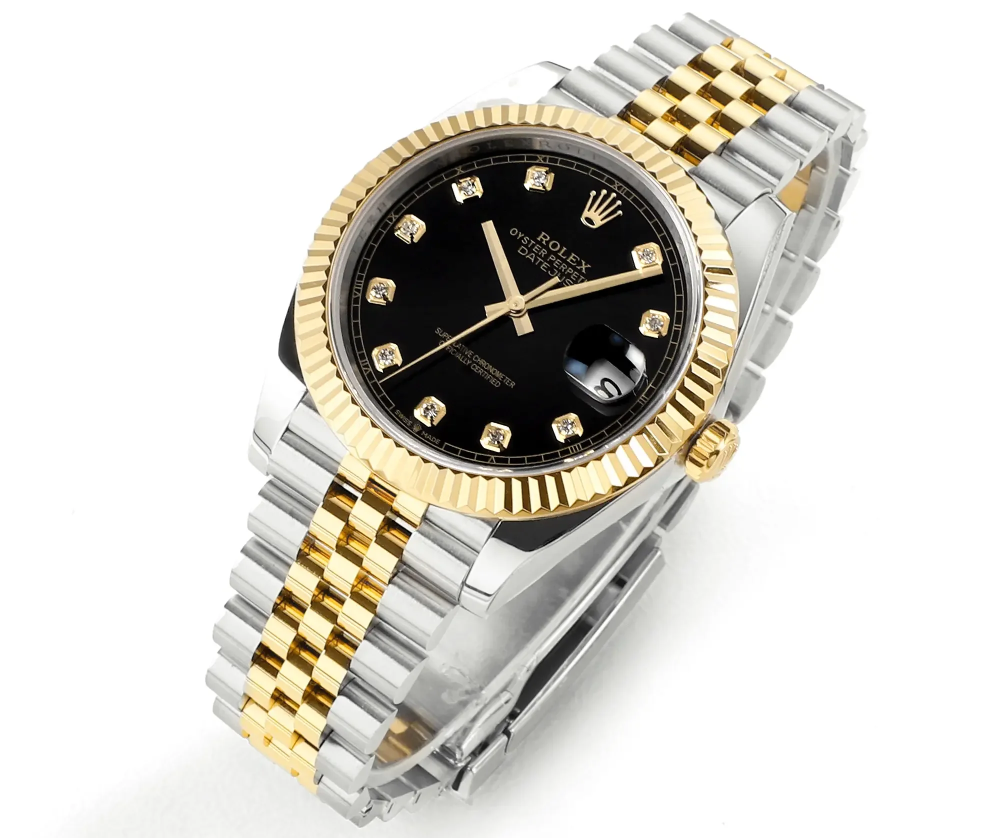 Rolex Datejust 41mm Watch - Two-Tone Steel and Gold with Black Diamond Dial - Super Clone