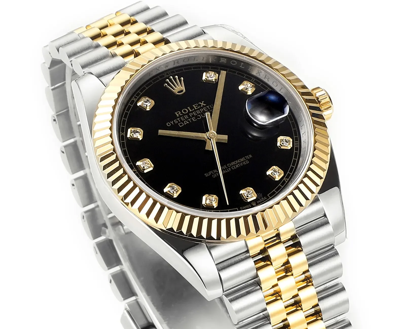 Rolex Datejust 41mm Watch - Two-Tone Steel and Gold with Black Diamond Dial - Super Clone