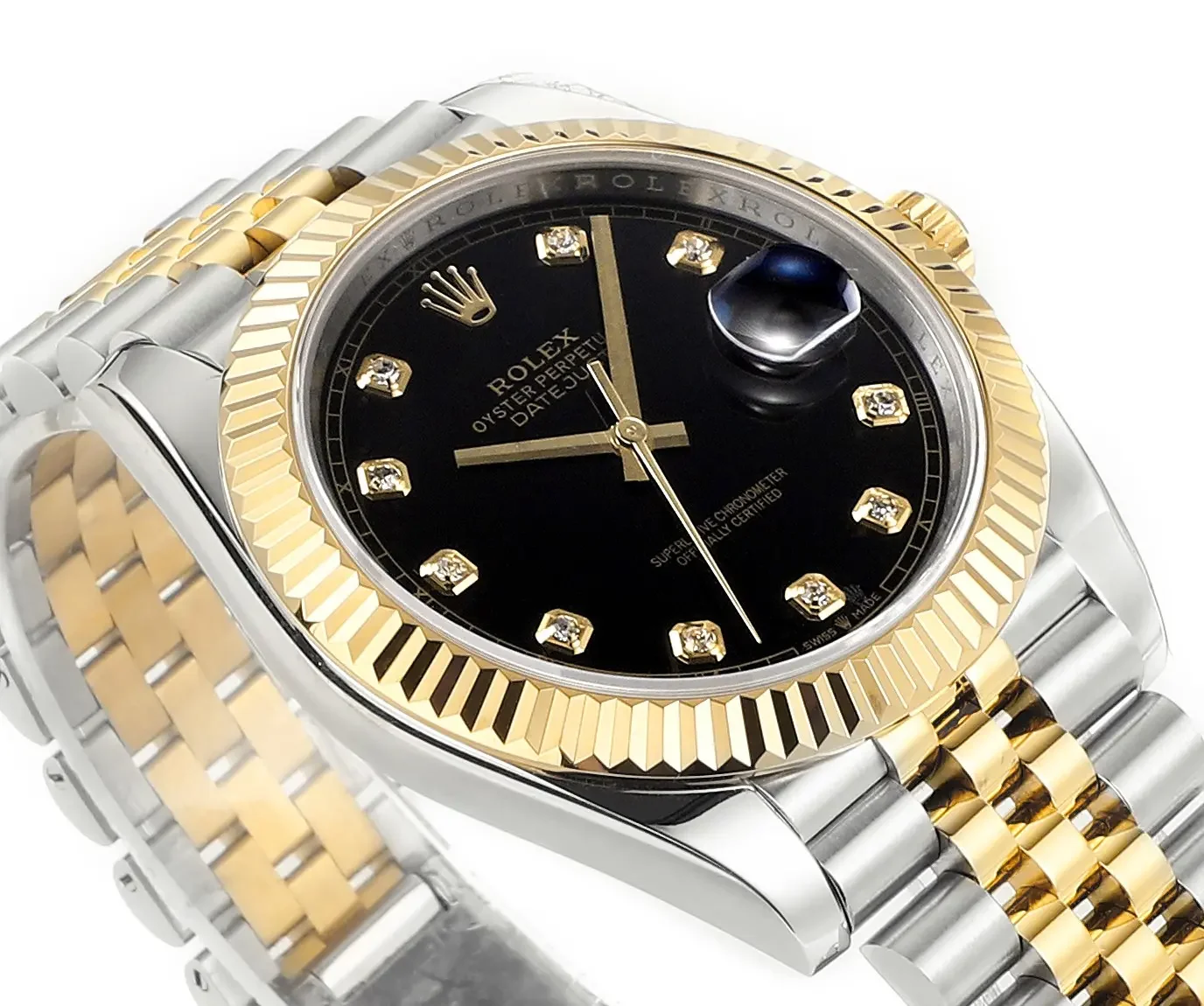 Rolex Datejust 41mm Watch - Two-Tone Steel and Gold with Black Diamond Dial - Super Clone
