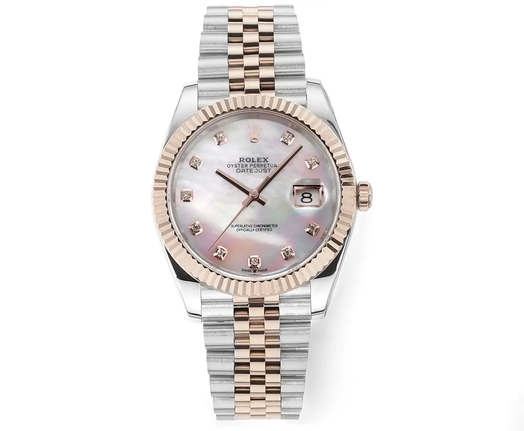 Rolex Datejust 41mm Watch - Two-Tone Stainless Steel and Rose Gold with Pink Dial, Diamond Markers, and Super Clone Quality