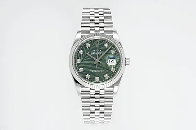 VS Factory Rolex Datejust 36mm Green Palm Motif Dial Diamond Bezel Stainless Steel Jubilee Watch