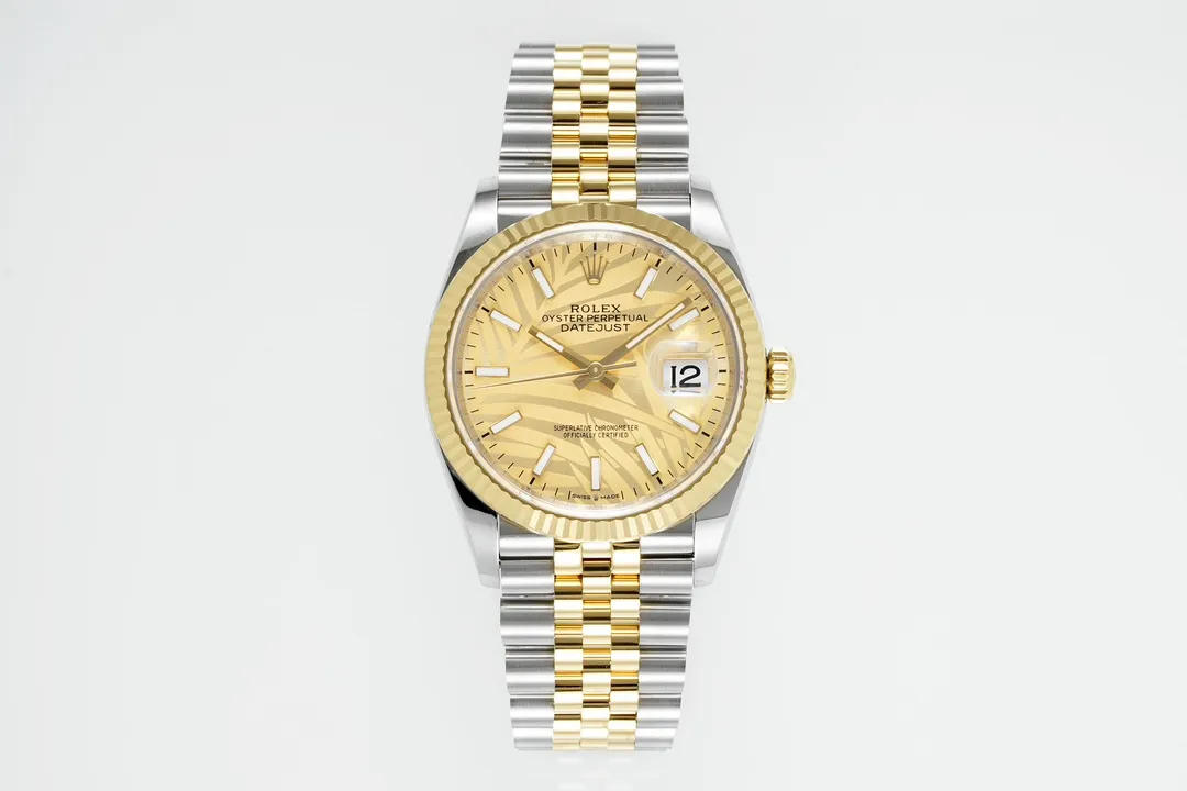 VS Factory Rolex Datejust 36mm Yellow Gold and Stainless Steel Champagne Palm Motif Watch