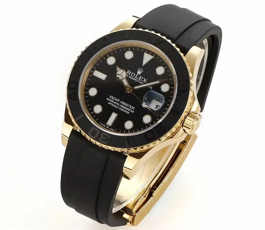 VS Factory Rolex Yacht-Master 42mm Yellow Gold Black Dial Oysterflex Rubber Strap Luxury Men's Watch