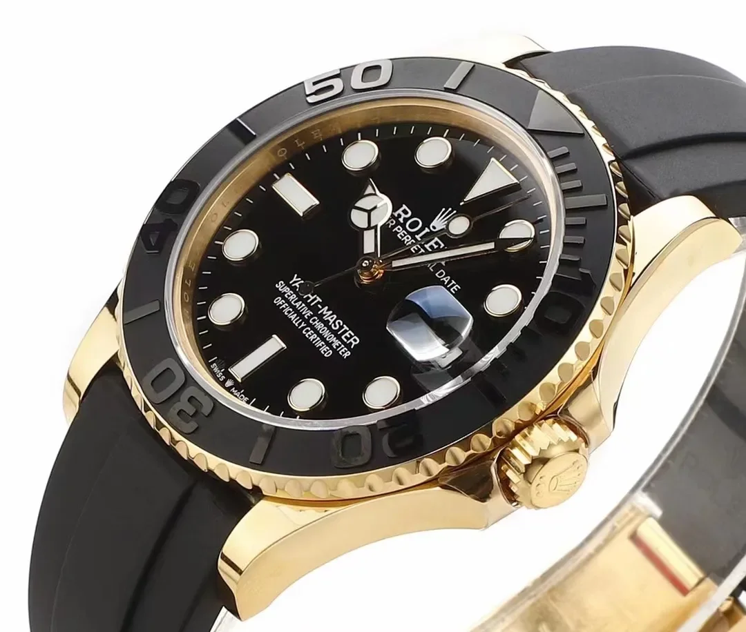 VS Factory Rolex Yacht-Master 42mm Yellow Gold Black Dial Oysterflex Rubber Strap Luxury Men's Watch
