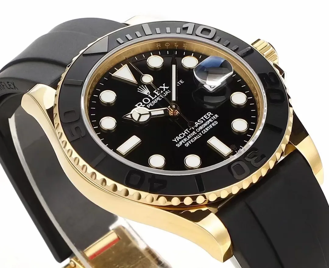 VS Factory Rolex Yacht-Master 42mm Yellow Gold Black Dial Oysterflex Rubber Strap Luxury Men's Watch