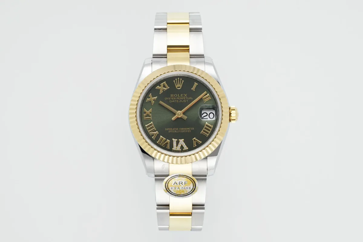 AR Factory Rolex Datejust 31mm Two-Tone Stainless Steel and Yellow Gold Green Dial Roman Numerals Women's Watch