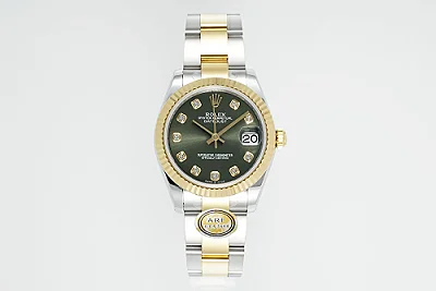AR Factory Rolex Datejust 31mm Green Dial Diamond-Set Fluted Bezel Two-Tone Oystersteel and Yellow Gold Oyster Bracelet Watch