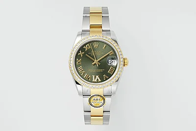 AR Factory Rolex Datejust 31mm Olive Green Roman Dial Diamond Bezel Two-Tone Steel and Yellow Gold Oyster Bracelet Ladies Watch