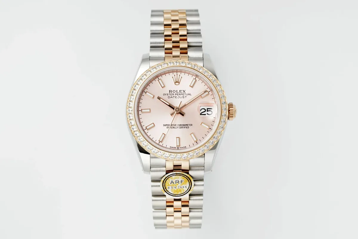AR Factory Rolex Datejust 31mm Women's Automatic Watch with Pink Dial, Diamond Bezel, and Two-Tone Silver Gold Jubilee Bracelet