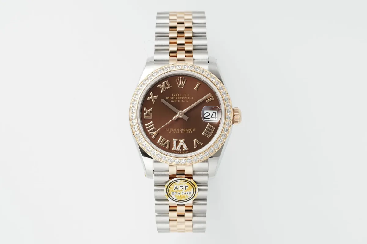 AR Factory Rolex Lady-Datejust 31mm Chocolate Brown Dial with Roman Numerals, Diamond-Set Bezel, Two-Tone Oystersteel and Everose Gold Jubilee Bracelet Watch