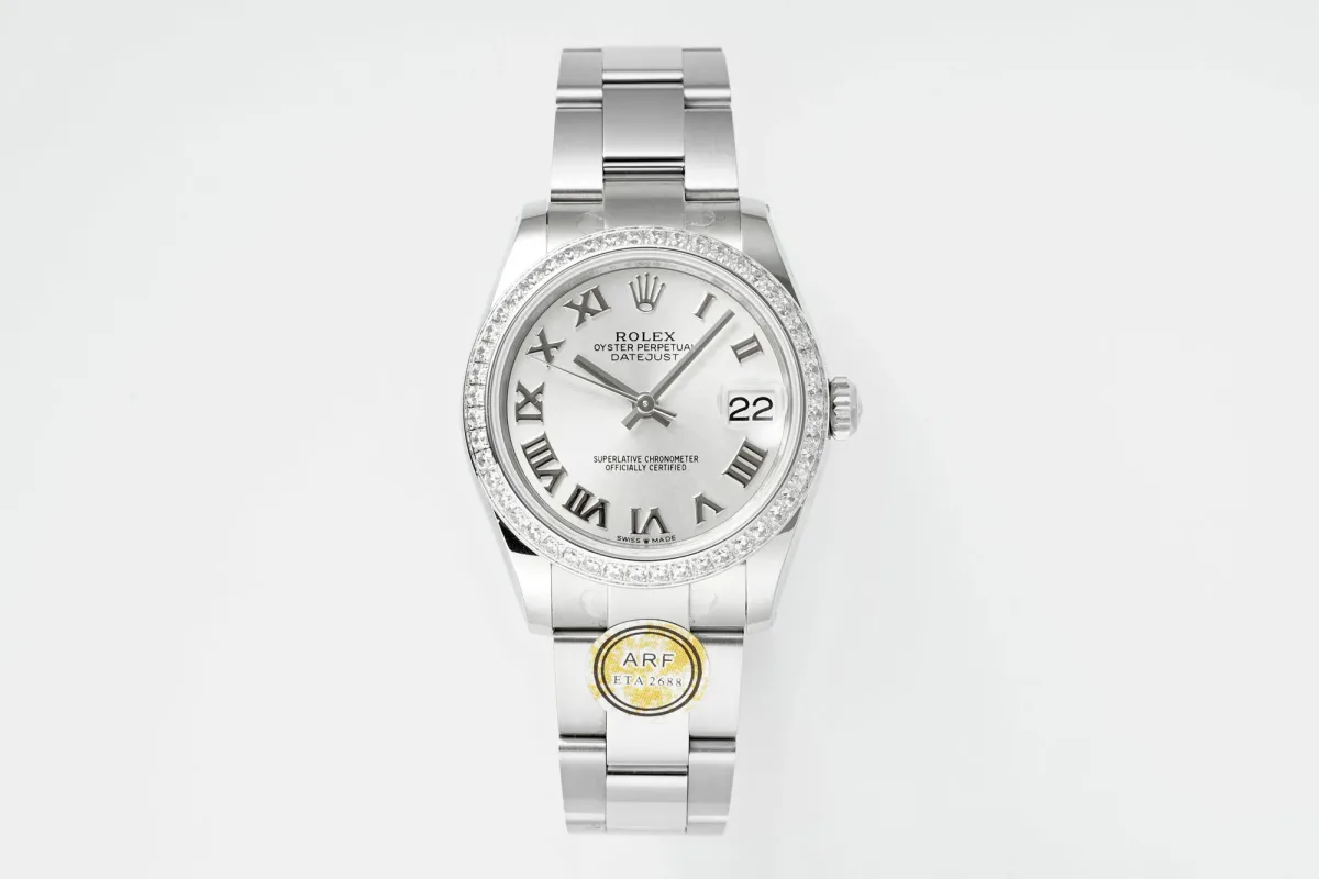 AR Factory Rolex Datejust 31mm White Roman Dial Diamond Bezel Stainless Steel Oyster Bracelet Ladies Watch