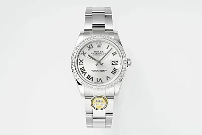 AR Factory Rolex Datejust 31mm White Roman Dial Diamond Bezel Stainless Steel Oyster Bracelet Ladies Watch