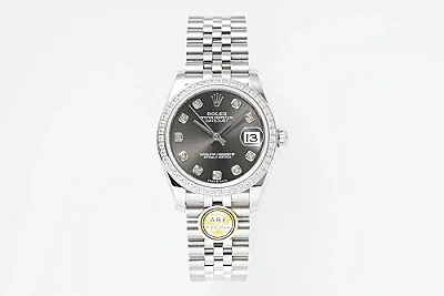 AR Factory Rolex Datejust Stainless Steel Watch with Diamond Bezel, Rhodium Dial, and Jubilee Bracelet