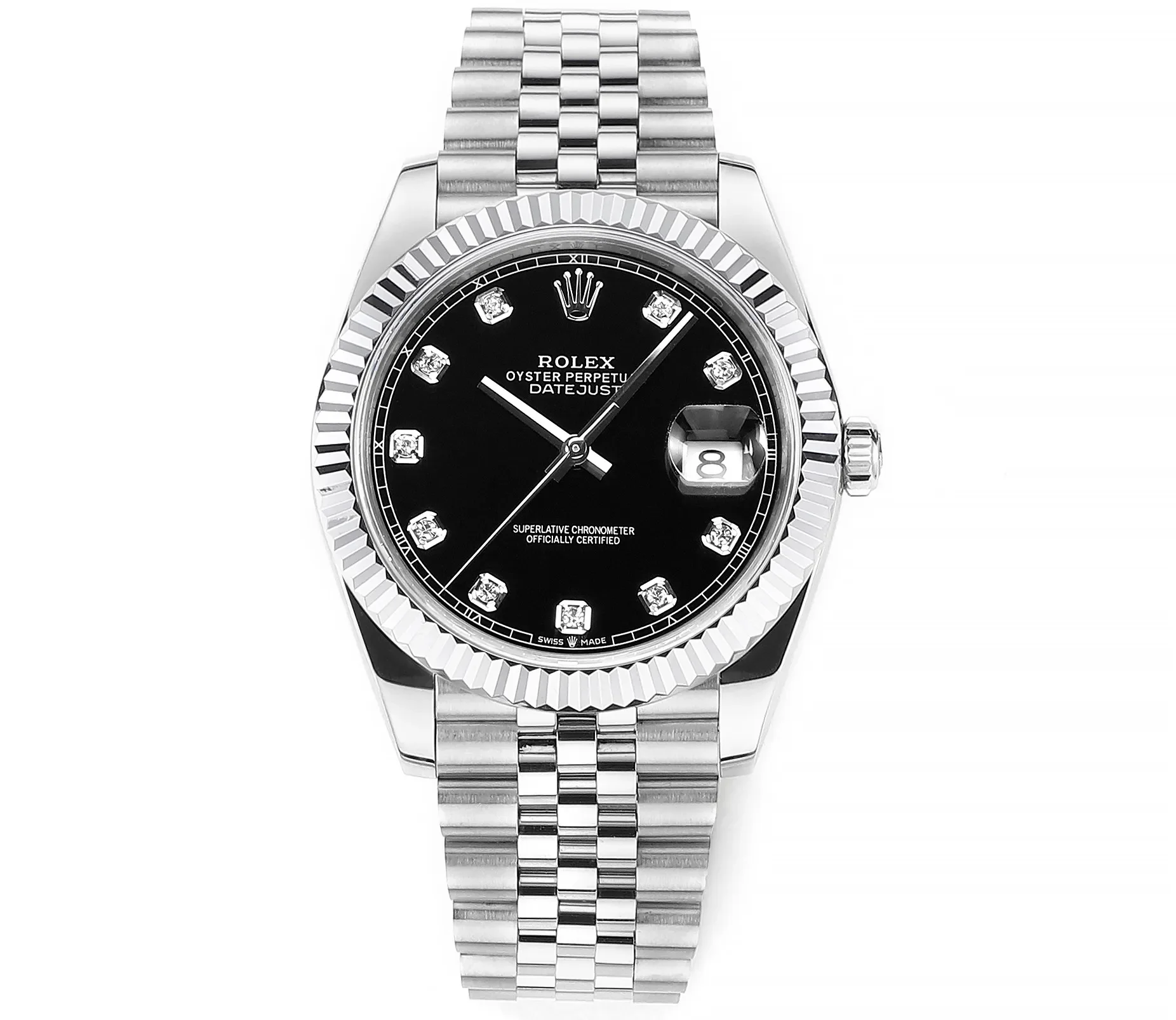 AR Factory Rolex Datejust 41mm Black Dial Diamond Markers Fluted Bezel Stainless Steel Jubilee Bracelet Men's Luxury Watch