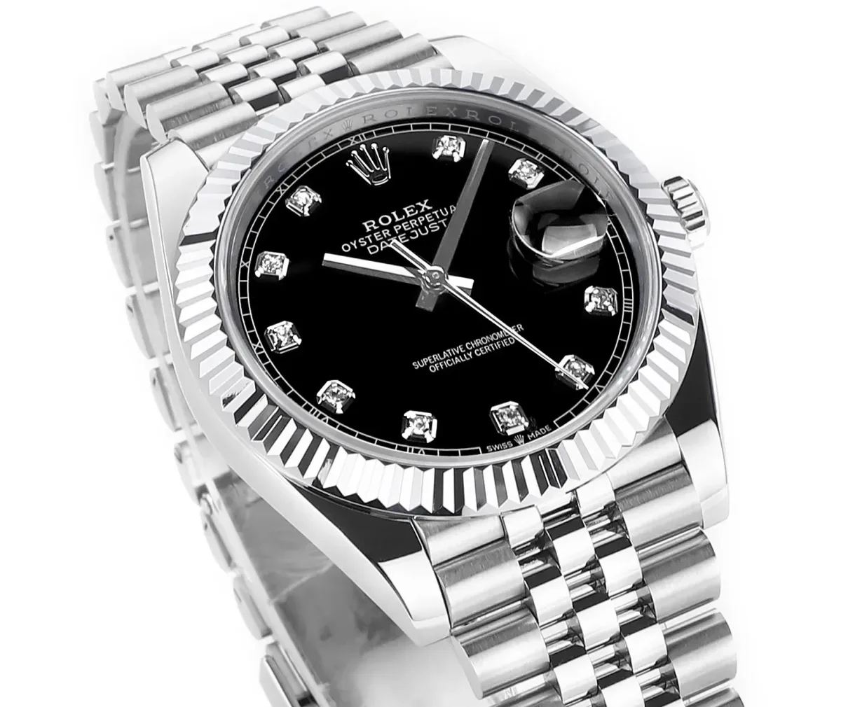 AR Factory Rolex Datejust 41mm Black Dial Diamond Markers Fluted Bezel Stainless Steel Jubilee Bracelet Men's Luxury Watch