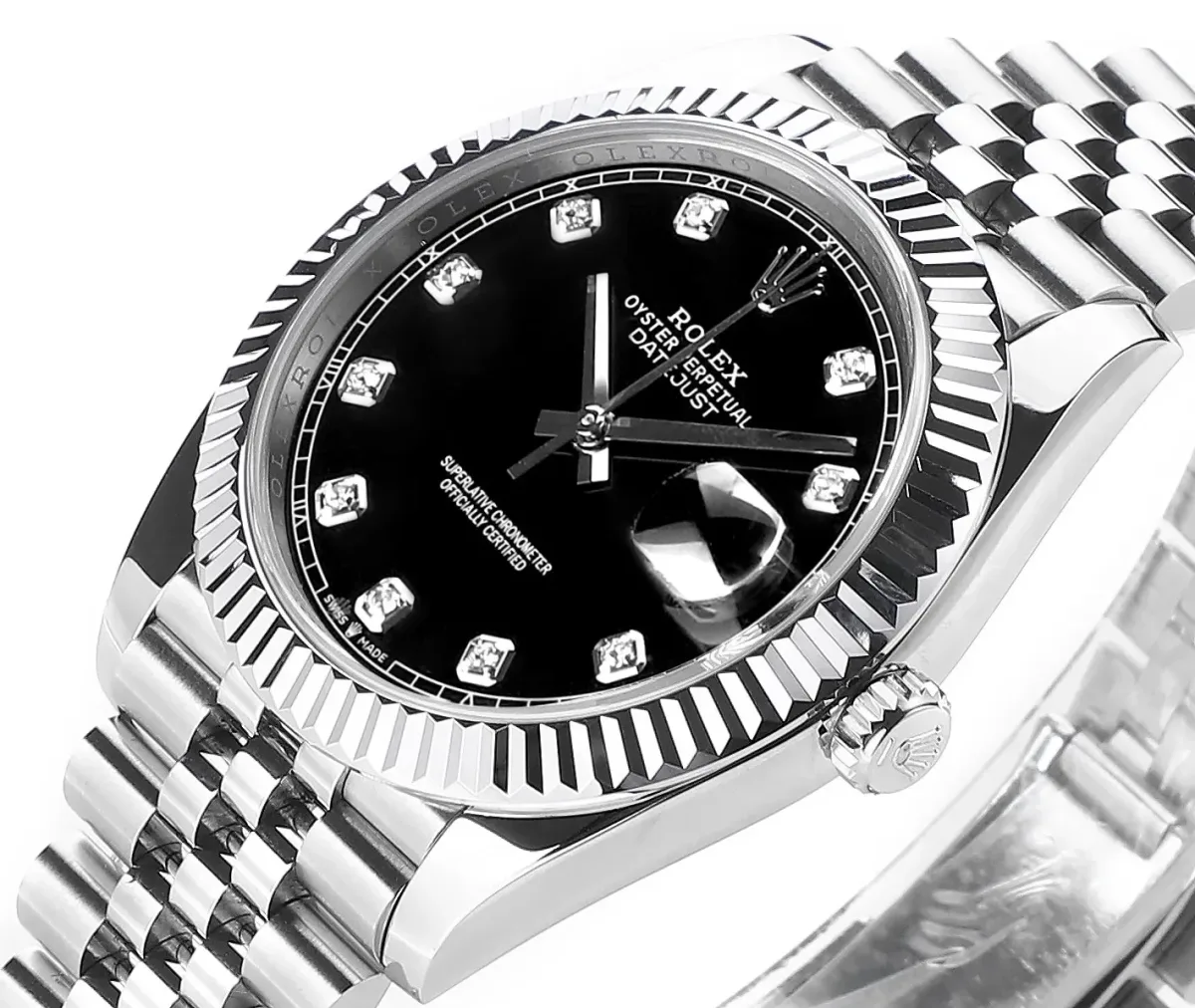 AR Factory Rolex Datejust 41mm Black Dial Diamond Markers Fluted Bezel Stainless Steel Jubilee Bracelet Men's Luxury Watch