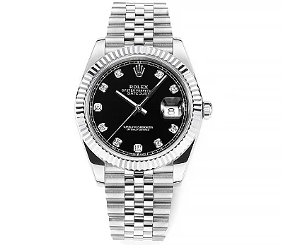 AR Factory Rolex Datejust 41mm Black Dial Diamond Markers Fluted Bezel Stainless Steel Jubilee Bracelet Men's Luxury Watch