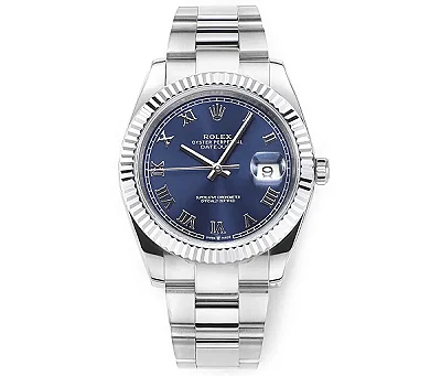 AR Factory Rolex Datejust 41mm Blue Roman Dial Fluted Bezel Stainless Steel Oyster Bracelet Men's Watch