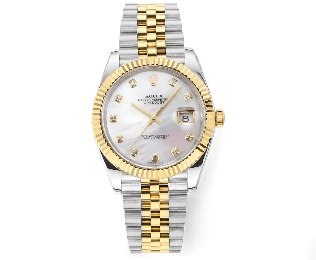 AR Factory Rolex Datejust 41mm Two-Tone Yellow Gold &amp; Stainless Steel White Mother-of-Pearl Diamond Dial Fluted Bezel Jubilee Bracelet Watch