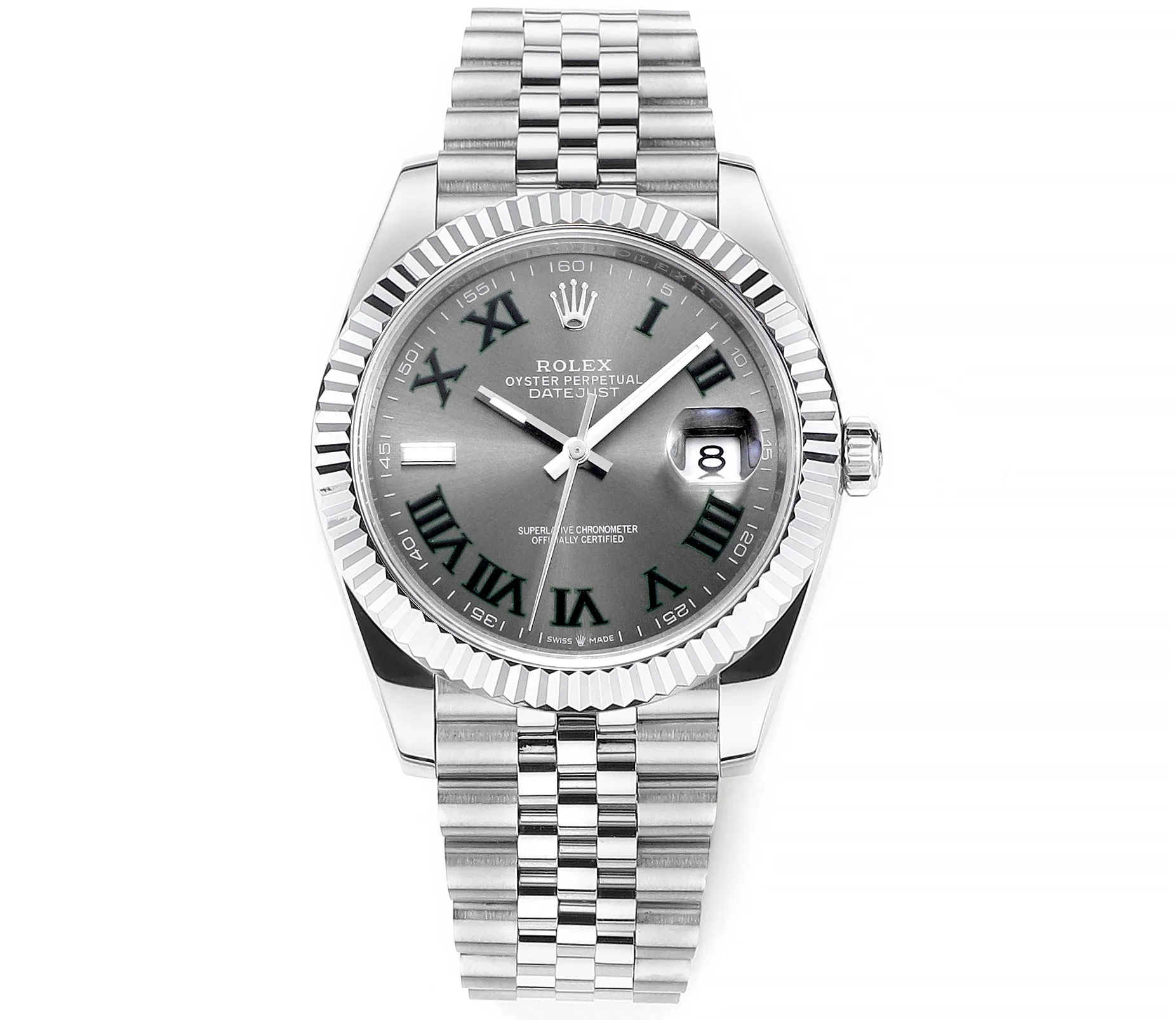AR Factory Rolex Datejust 41mm Rhodium Grey Dial Fluted Bezel Roman Numerals Jubilee Bracelet Stainless Steel Men's Watch