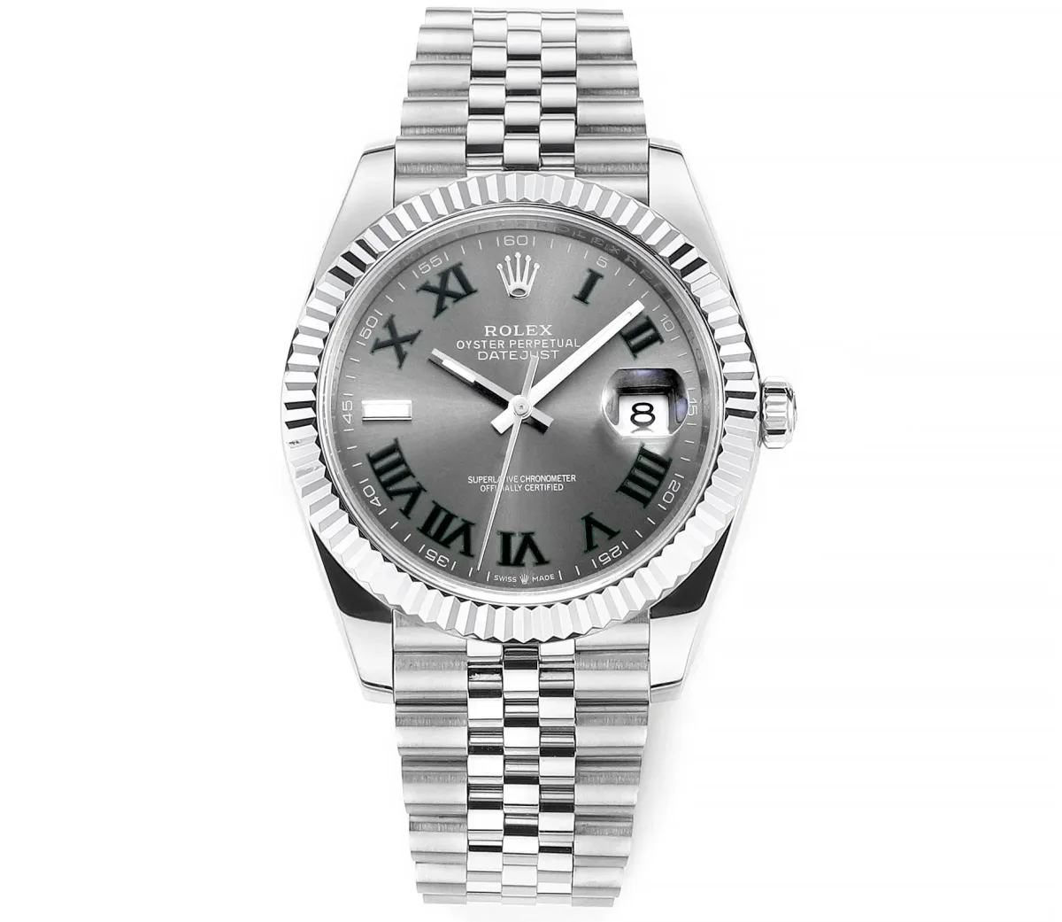 AR Factory Rolex Datejust 41mm Rhodium Grey Dial Fluted Bezel Roman Numerals Jubilee Bracelet Stainless Steel Men's Watch