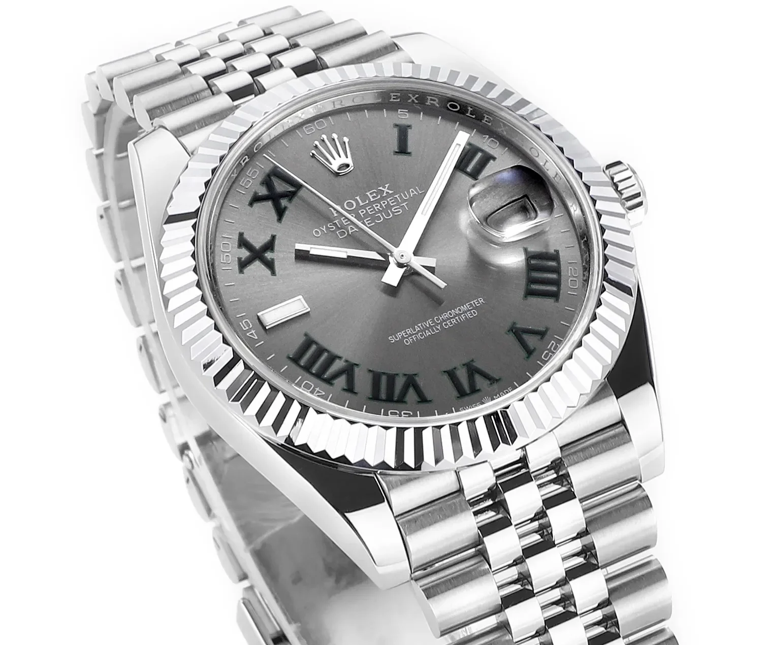AR Factory Rolex Datejust 41mm Rhodium Grey Dial Fluted Bezel Roman Numerals Jubilee Bracelet Stainless Steel Men's Watch