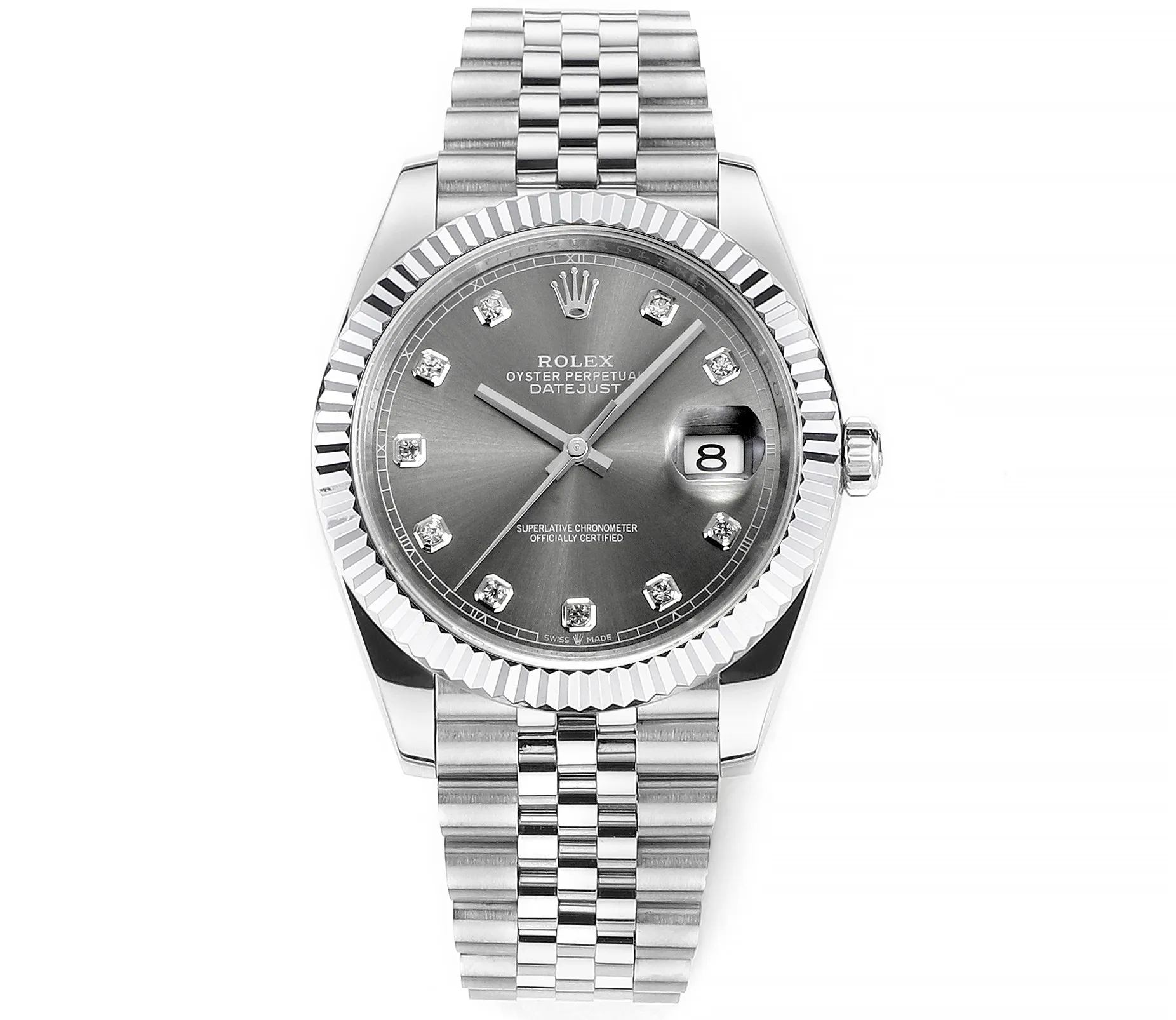 AR Factory Rolex Oyster Perpetual Datejust 41mm Stainless Steel Grey Dial Diamond Markers Fluted Bezel Jubilee Bracelet Watch