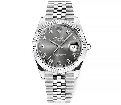 AR Factory Rolex Oyster Perpetual Datejust 41mm Stainless Steel Grey Dial Diamond Markers Fluted Bezel Jubilee Bracelet Watch