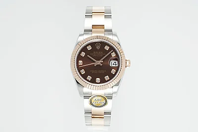 AR Factory Rolex Datejust 31mm Chocolate Dial Diamond Markers Two-Tone Stainless Steel and Yellow Gold Oyster Bracelet Ladies Watch