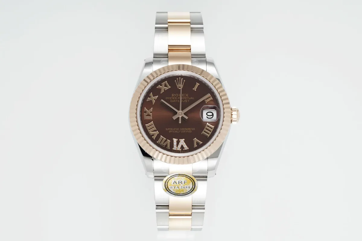 AR Factory Rolex Datejust 31mm Two-Tone Stainless Steel and 18K Rose Gold Chocolate Brown Dial with Roman Numerals Fluted Bezel Oyster Bracelet Watch