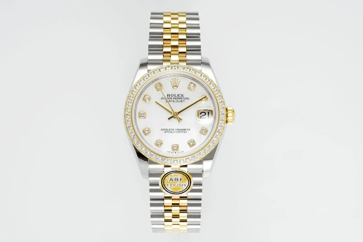 AR Factory Rolex Datejust 31mm White Mother-of-Pearl Dial Diamond Bezel Two-Tone Steel and Yellow Gold Jubilee Bracelet Luxury Women's Watch