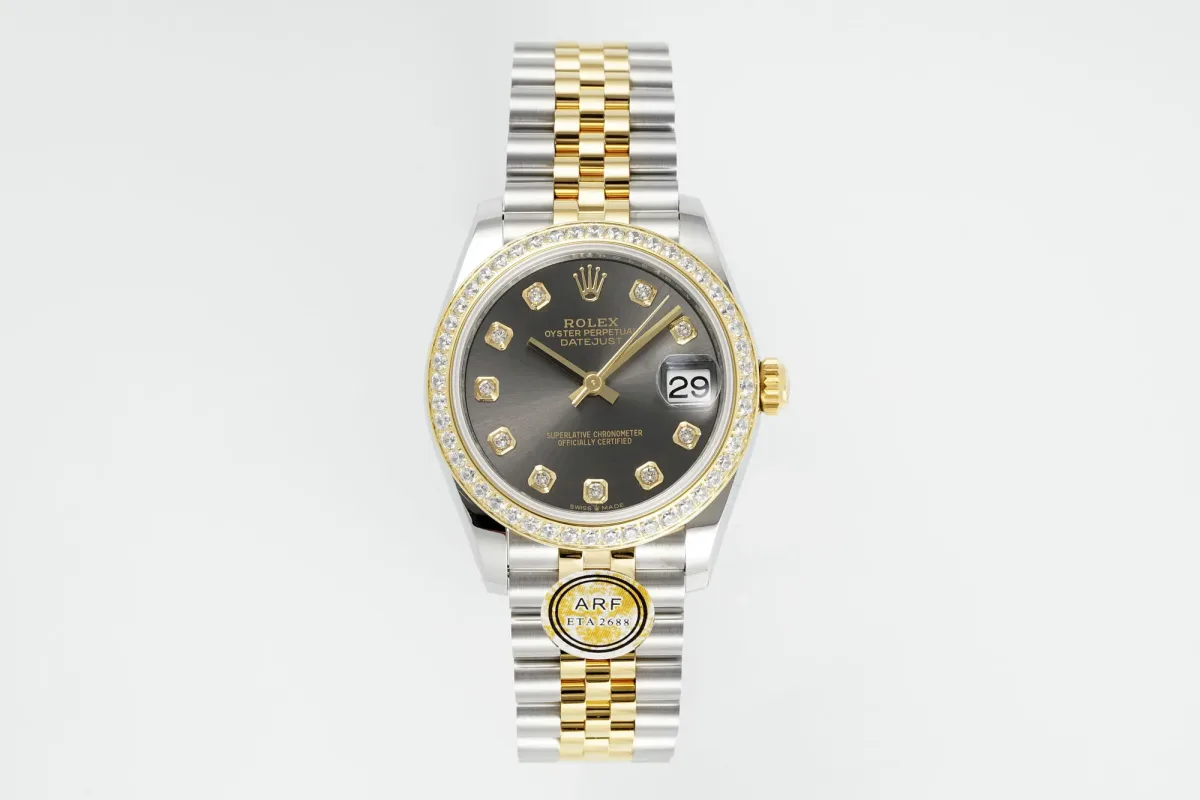 AR Factory Rolex Datejust 31mm Two-Tone Yellow Gold and Stainless Steel Black Dial Diamond Bezel and Markers Women's Luxury Watch