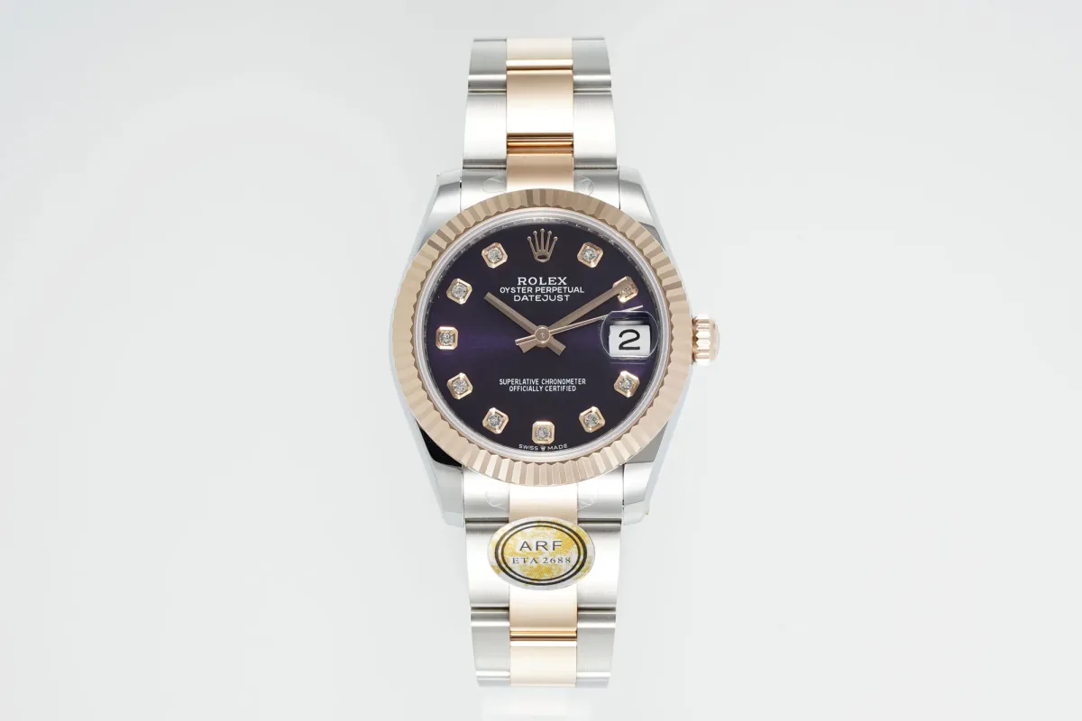 AR Factory Rolex Lady-Datejust 31mm Two-Tone Stainless Steel and Rose Gold Aubergine Diamond Dial Fluted Bezel Automatic Watch