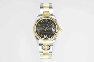 AR Factory Rolex Datejust 31mm Two-Tone Yellow Gold and Stainless Steel Watch with Black Roman Numeral Dial and Fluted Bezel