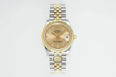 AR Factory Rolex Lady-Datejust 28mm Two-Tone Yellow Gold and Steel Champagne Dial Diamond Markers Fluted Bezel Oyster Bracelet Watch